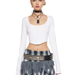 Stretchy Knit Lace Long Sleeve Crop Top Current Mood - White
