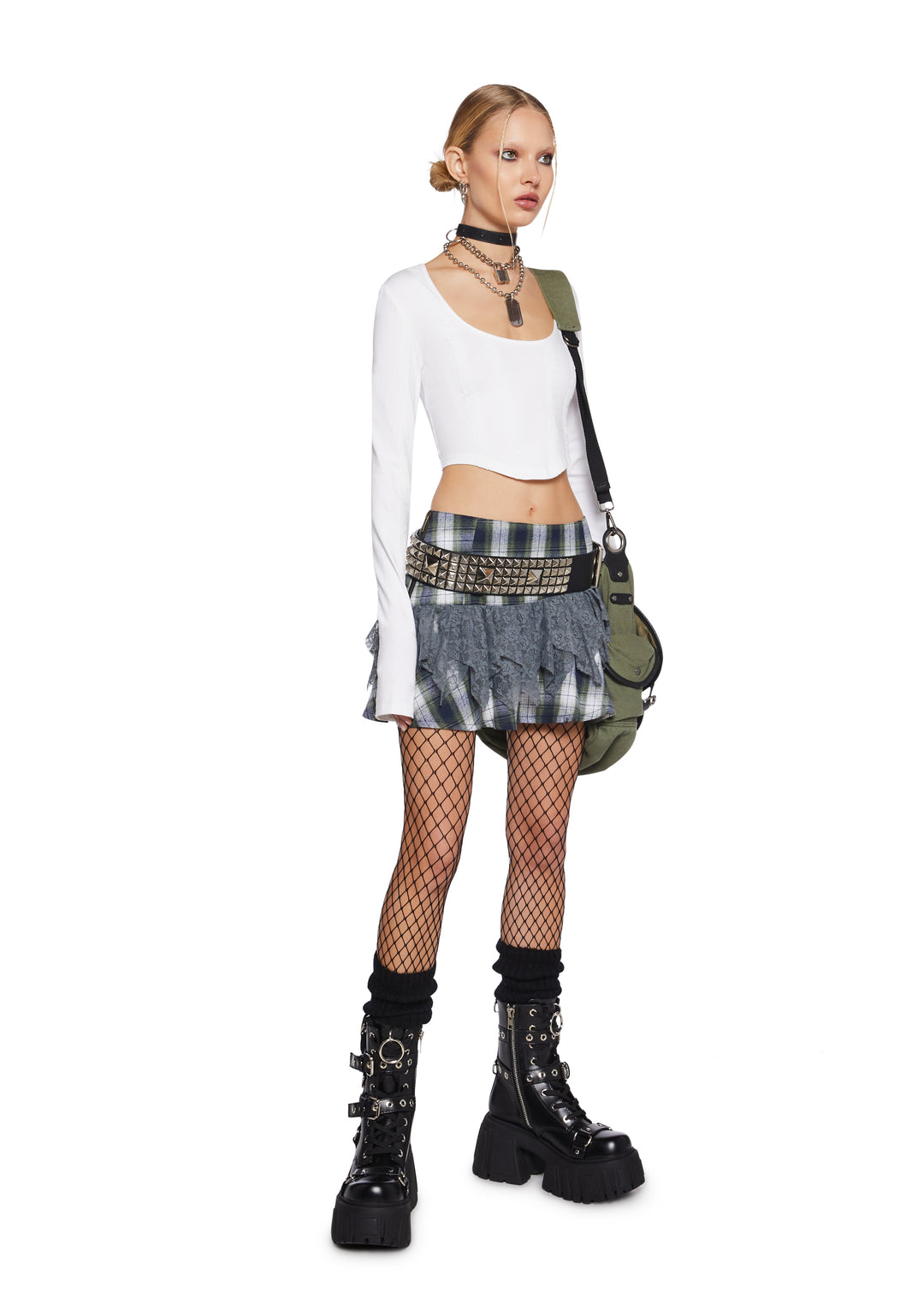 Stretchy Knit Lace Long Sleeve Crop Top Current Mood - White - Image 2