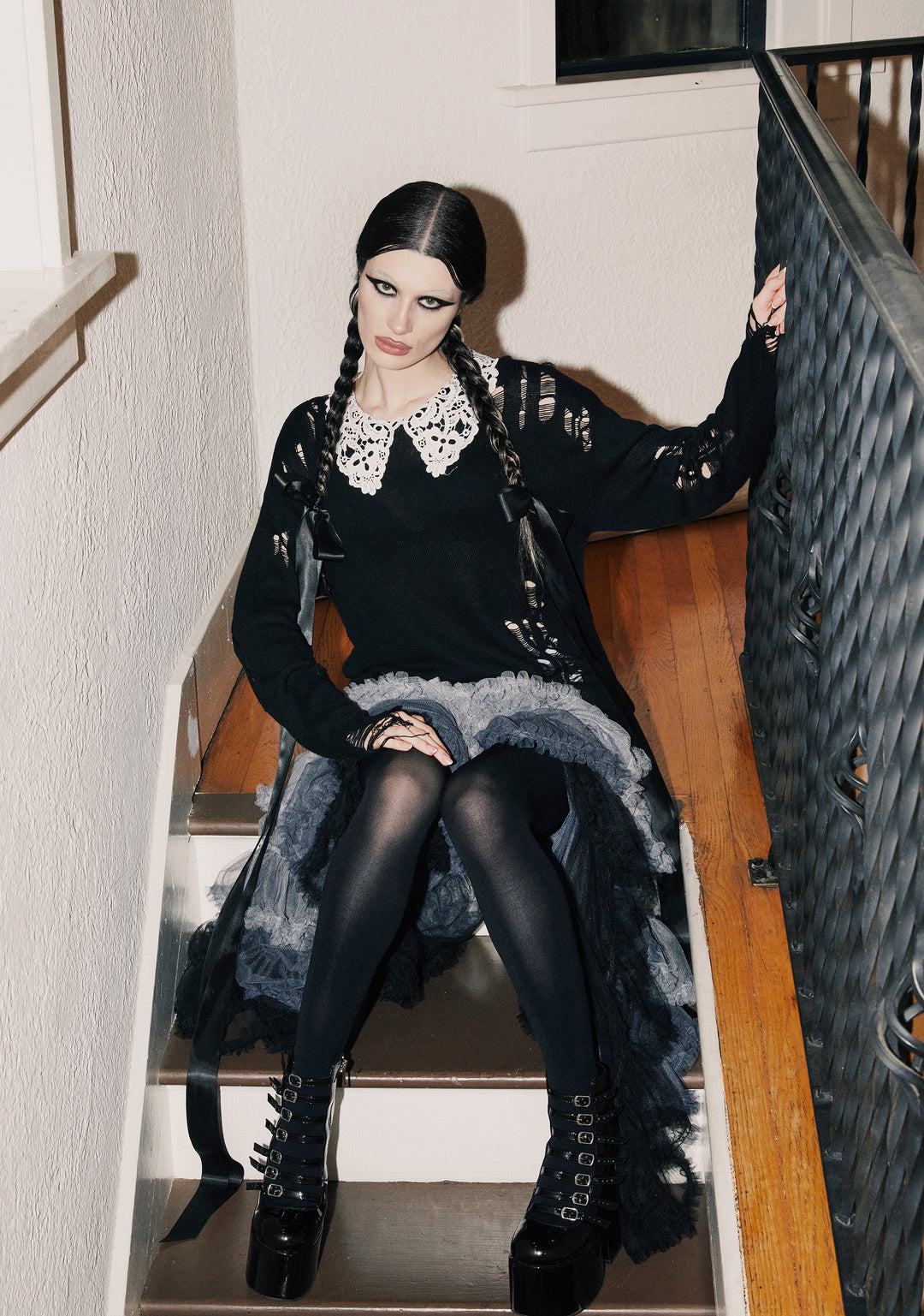 Distressed Knit Chantilly Lace Peter Pan Collar Oversized Sweater Widow - Black - Image 11