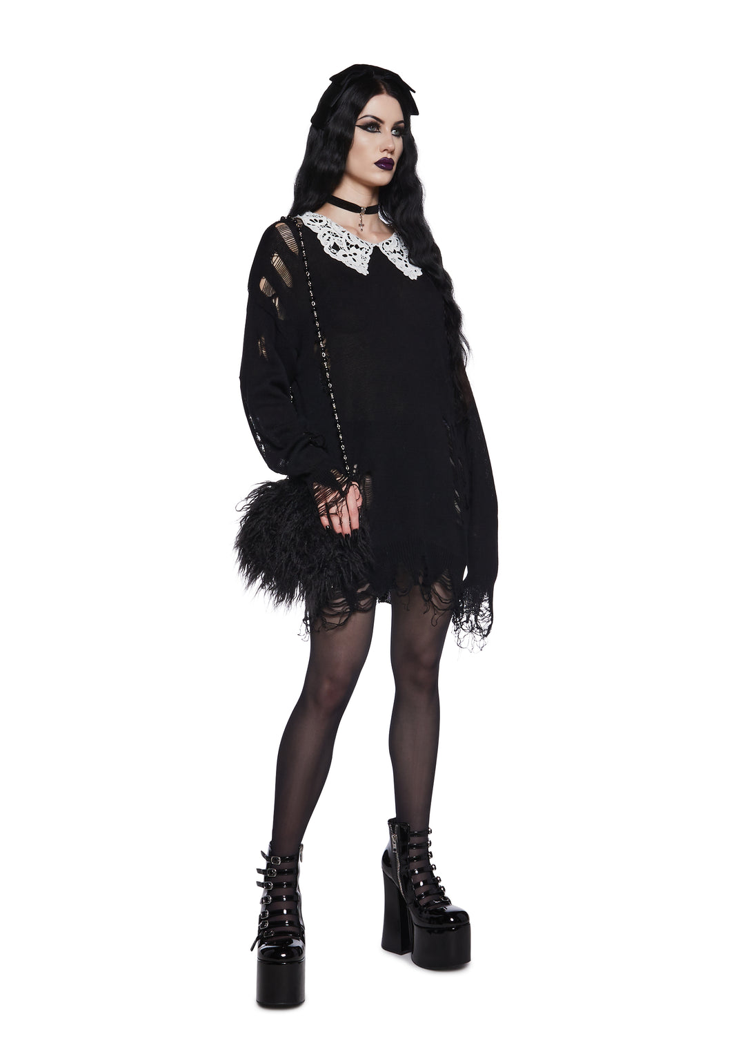 Distressed Knit Chantilly Lace Peter Pan Collar Oversized Sweater Widow - Black - Image 3