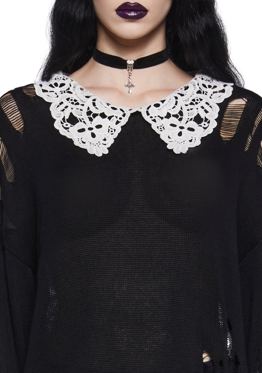 Distressed Knit Chantilly Lace Peter Pan Collar Oversized Sweater Widow - Black - Image 6