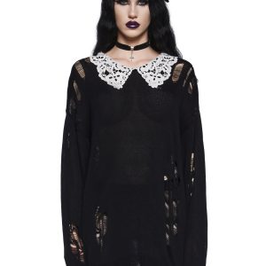 Distressed Knit Chantilly Lace Peter Pan Collar Oversized Sweater Widow - Black