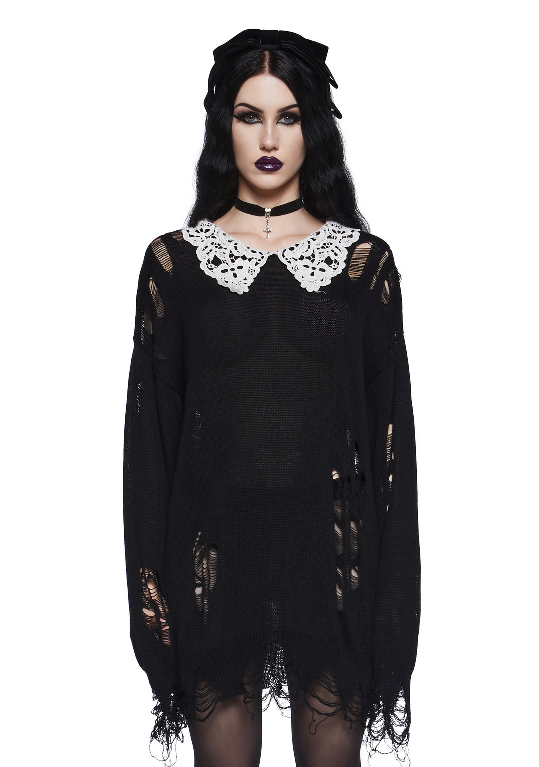 Distressed Knit Chantilly Lace Peter Pan Collar Oversized Sweater Widow - Black