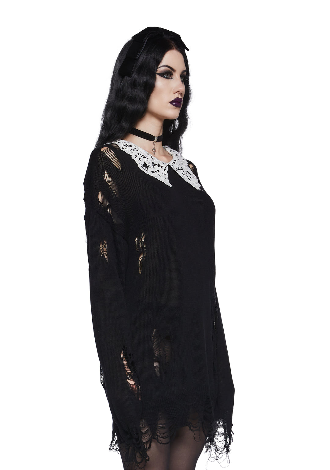Distressed Knit Chantilly Lace Peter Pan Collar Oversized Sweater Widow - Black - Image 4