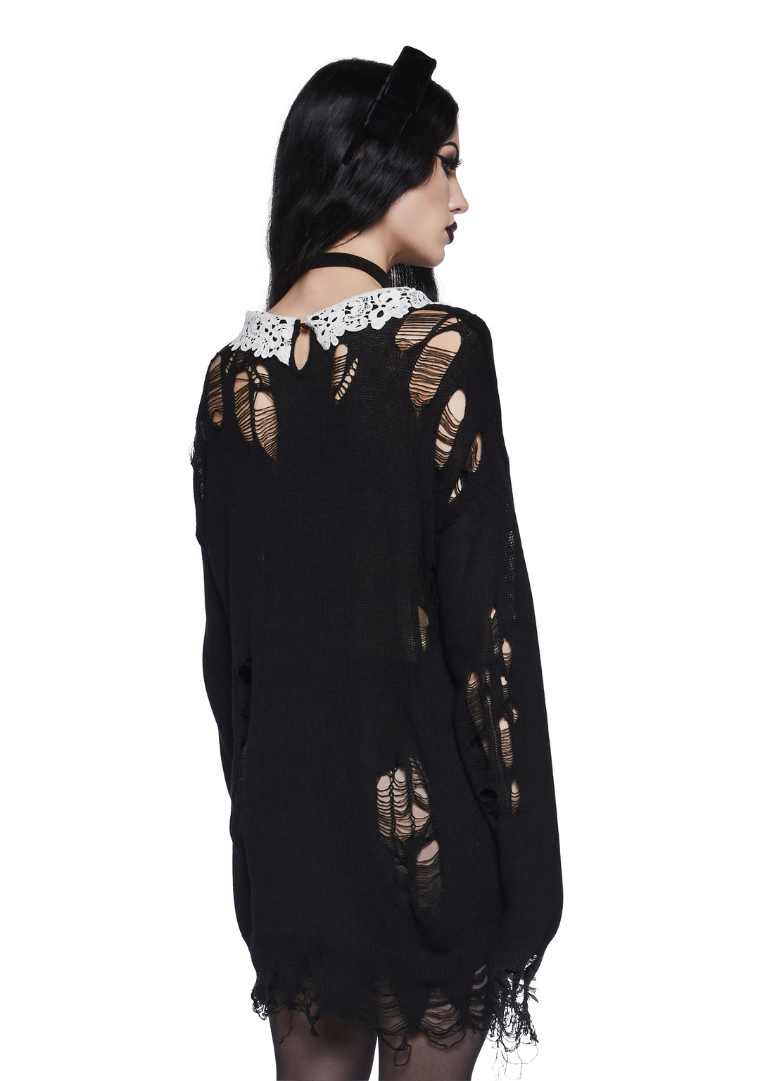 Distressed Knit Chantilly Lace Peter Pan Collar Oversized Sweater Widow - Black - Image 5