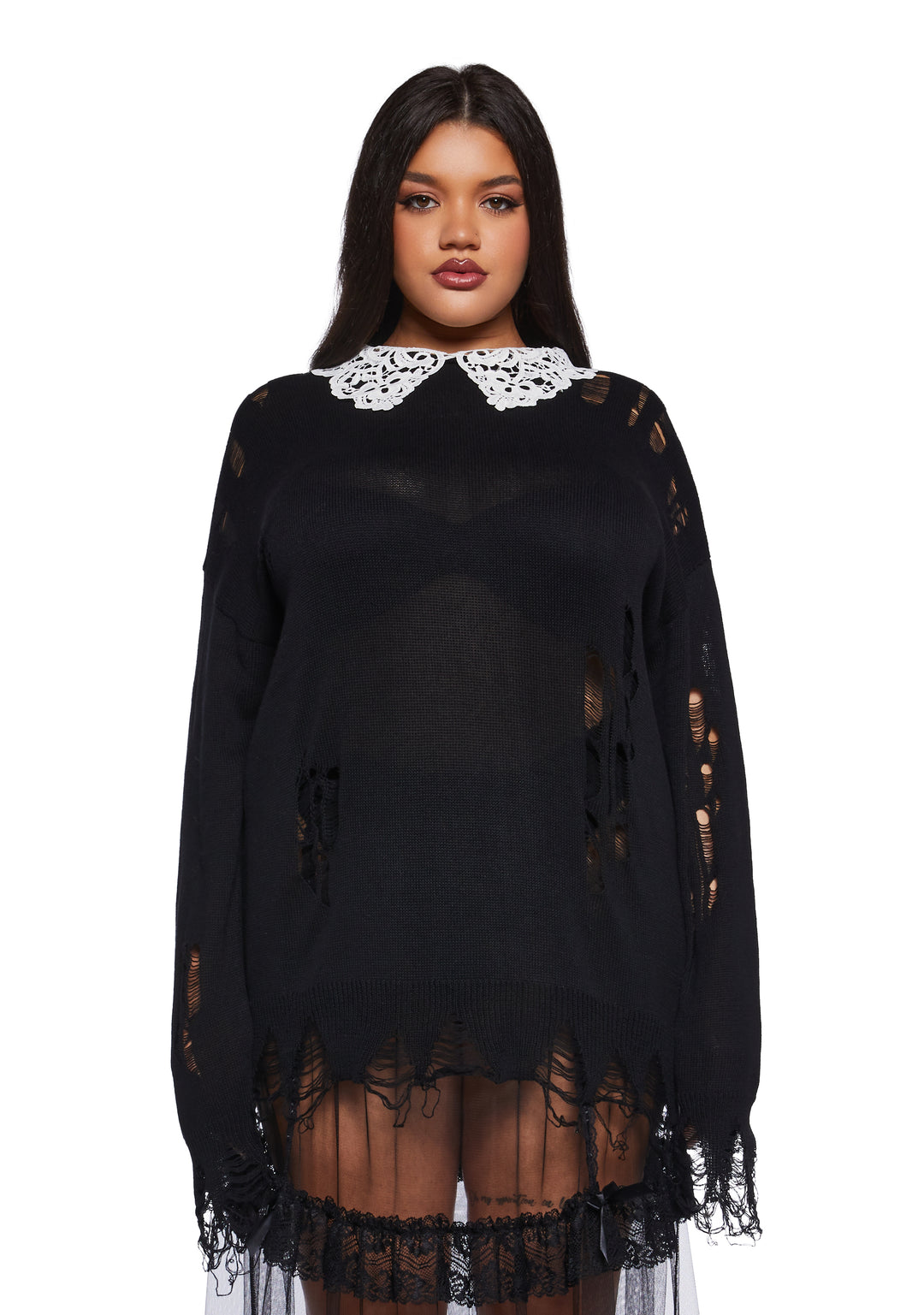Distressed Knit Chantilly Lace Peter Pan Collar Oversized Sweater Widow - Black - Image 2