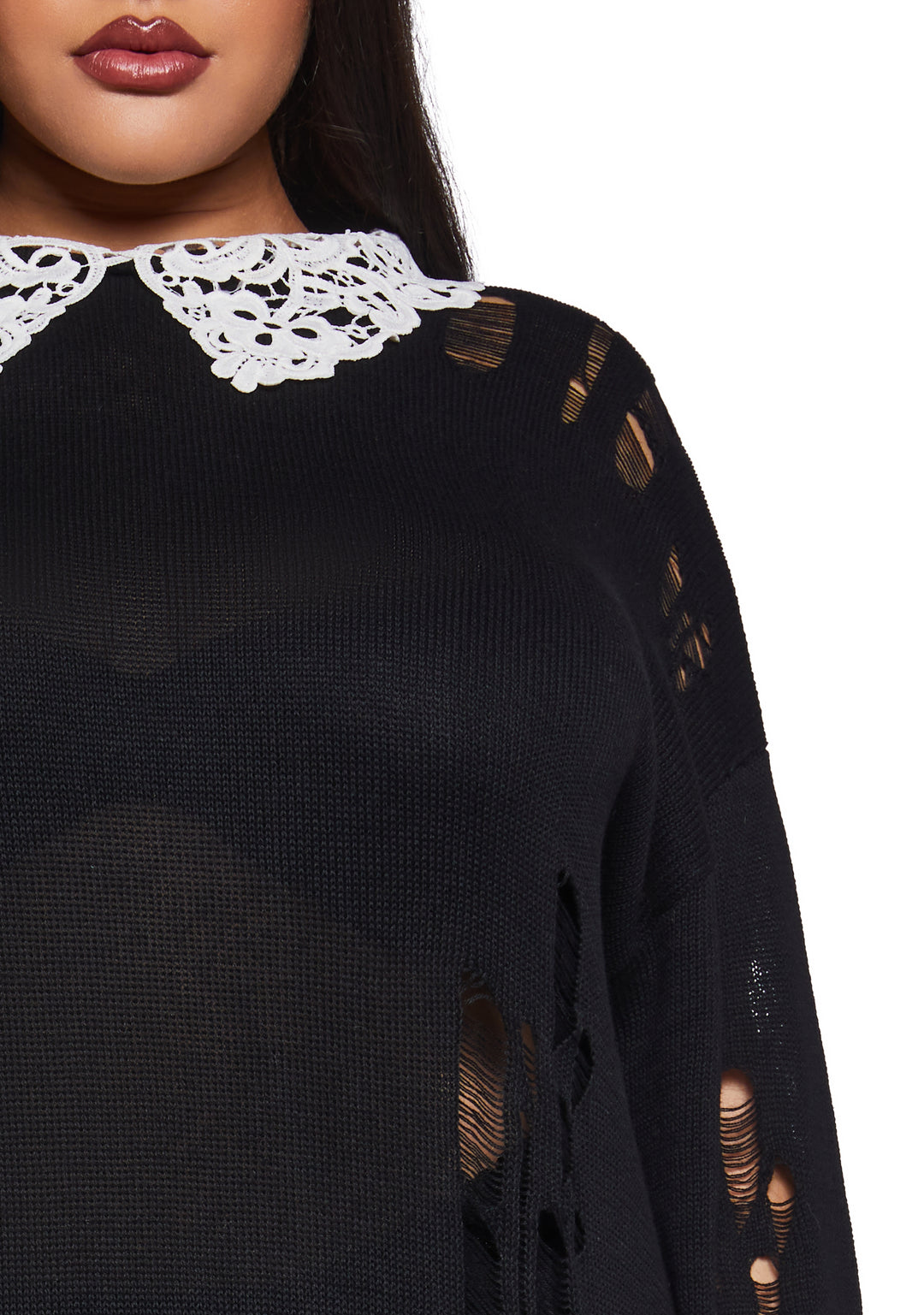 Distressed Knit Chantilly Lace Peter Pan Collar Oversized Sweater Widow - Black - Image 10