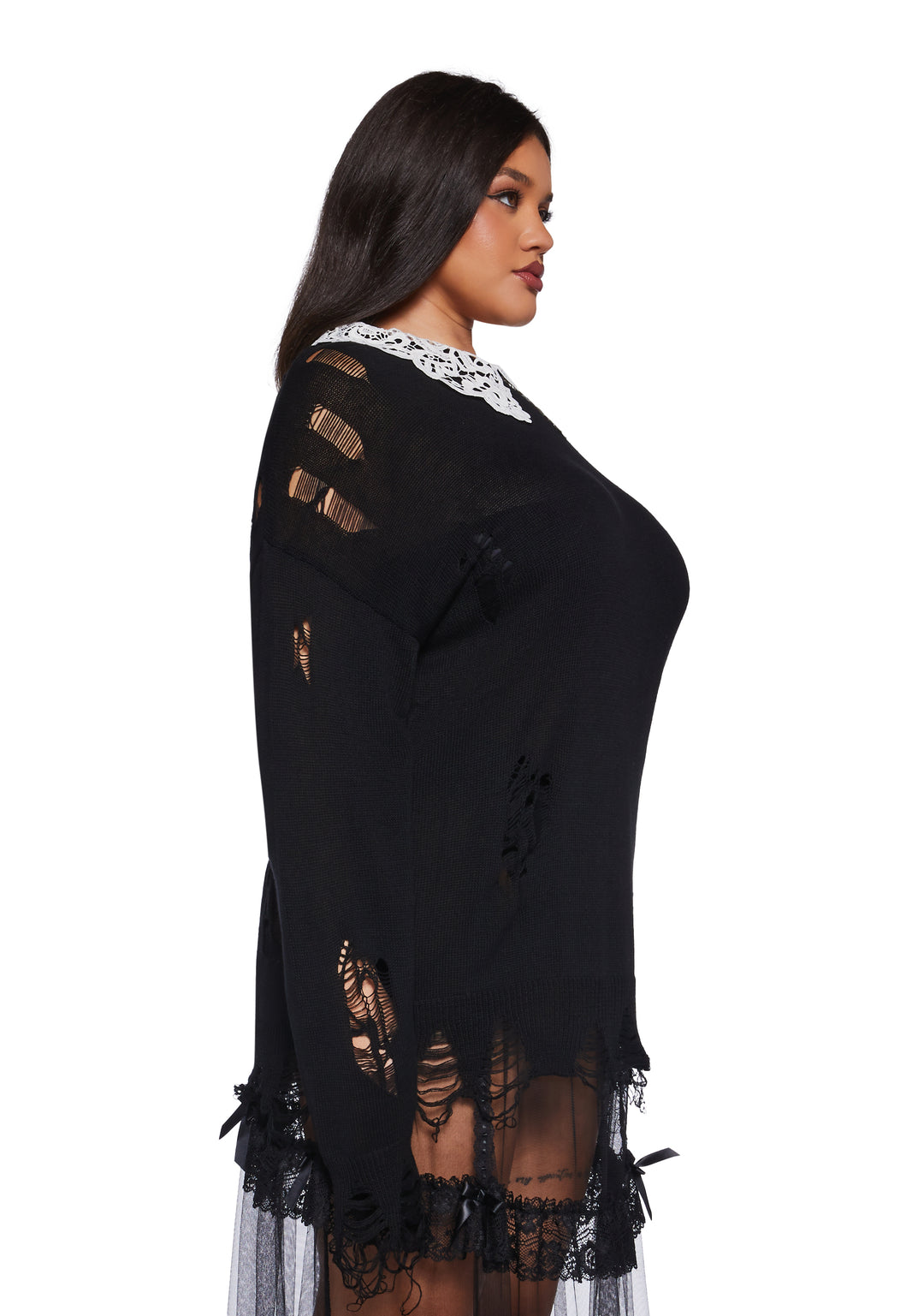 Distressed Knit Chantilly Lace Peter Pan Collar Oversized Sweater Widow - Black - Image 8