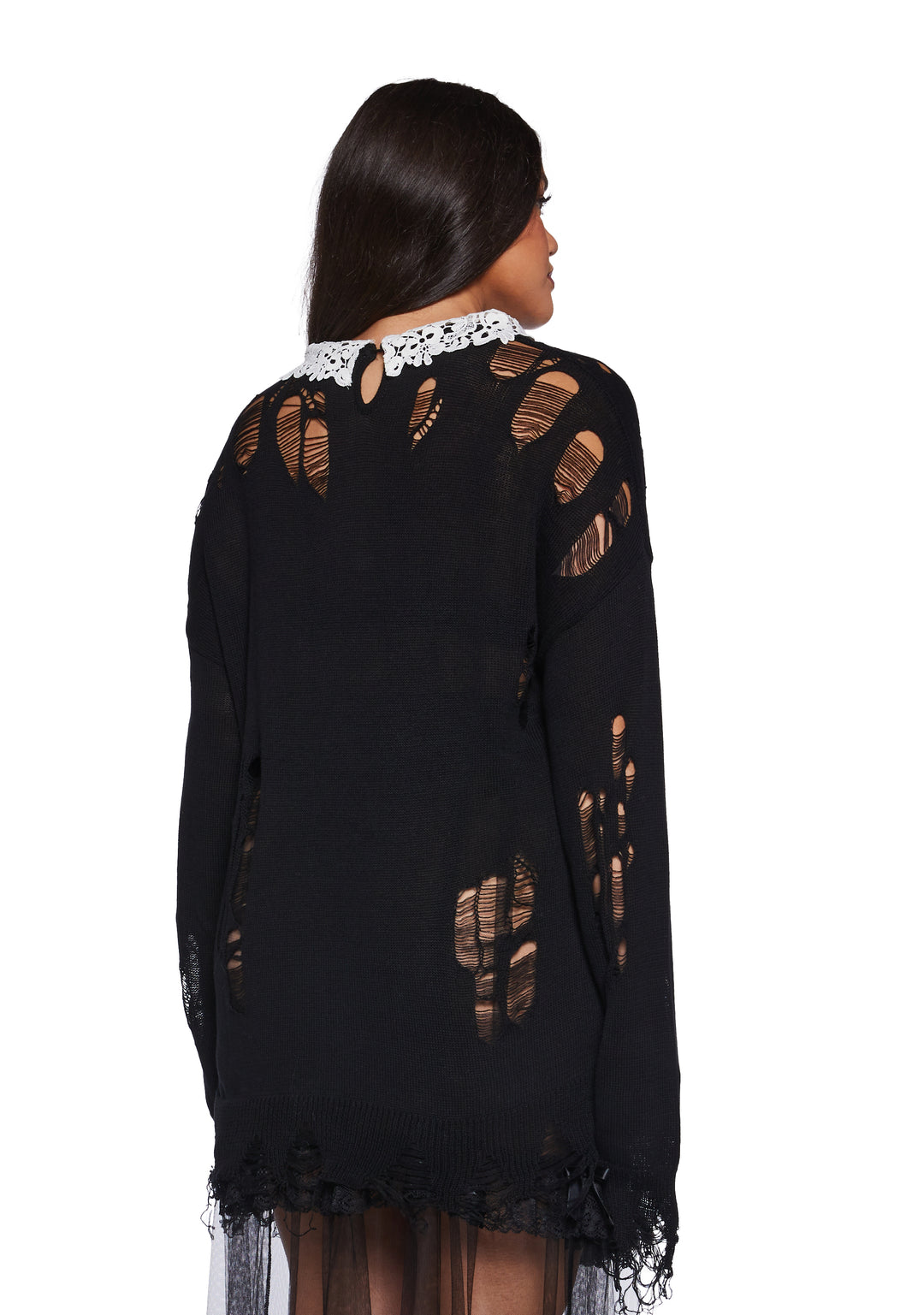 Distressed Knit Chantilly Lace Peter Pan Collar Oversized Sweater Widow - Black - Image 9