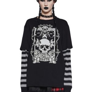 The Grave Girls Death Graphic Print Striped Long Sleeve Tee - Multi
