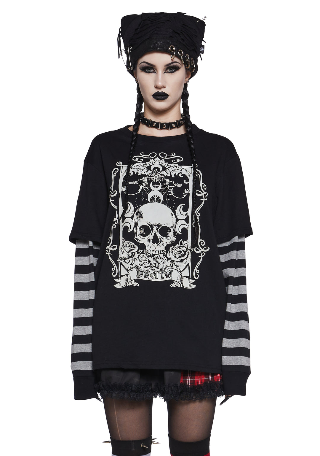 The Grave Girls Death Graphic Print Striped Long Sleeve Tee - Multi