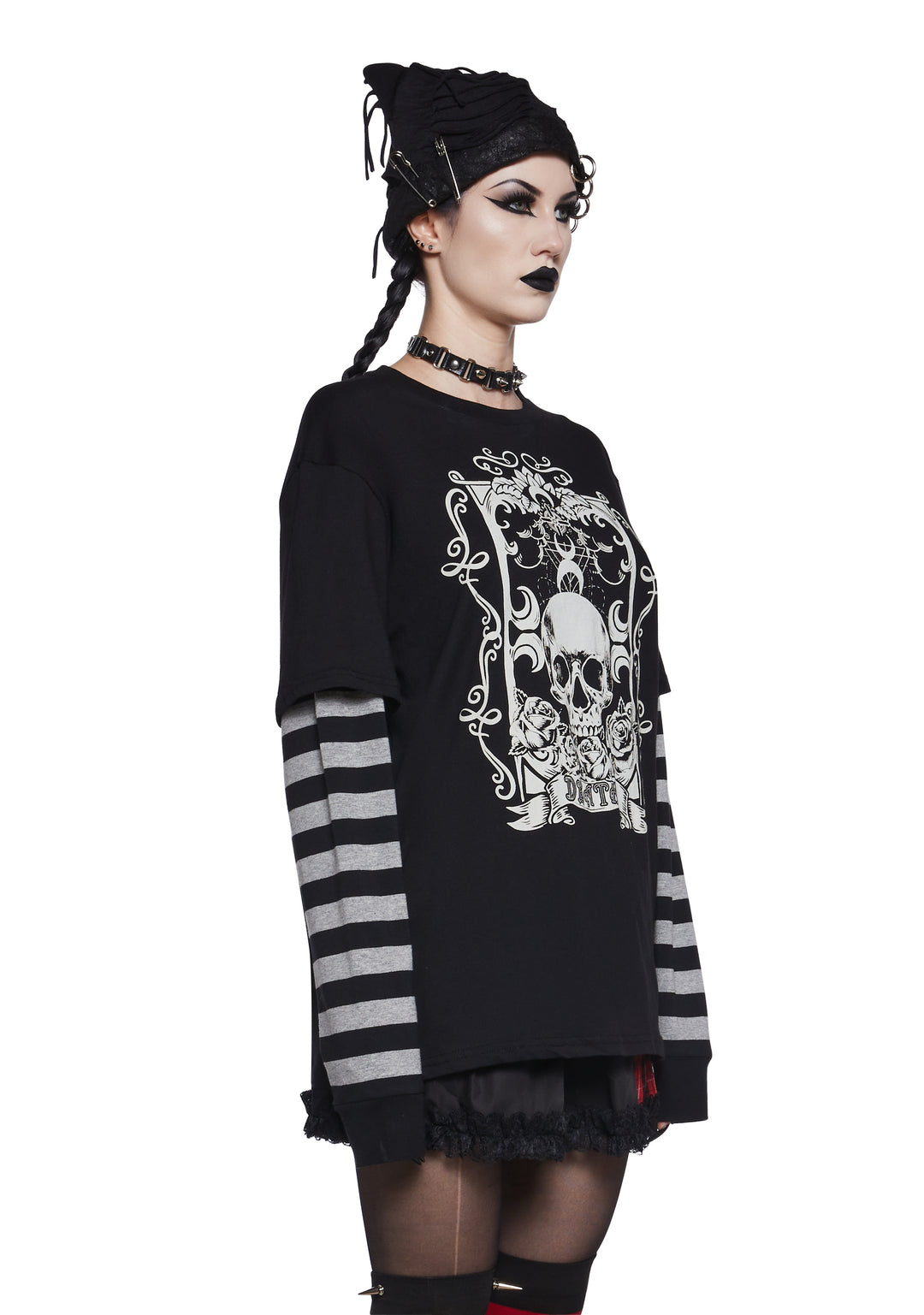 The Grave Girls Death Graphic Print Striped Long Sleeve Tee - Multi - Image 3