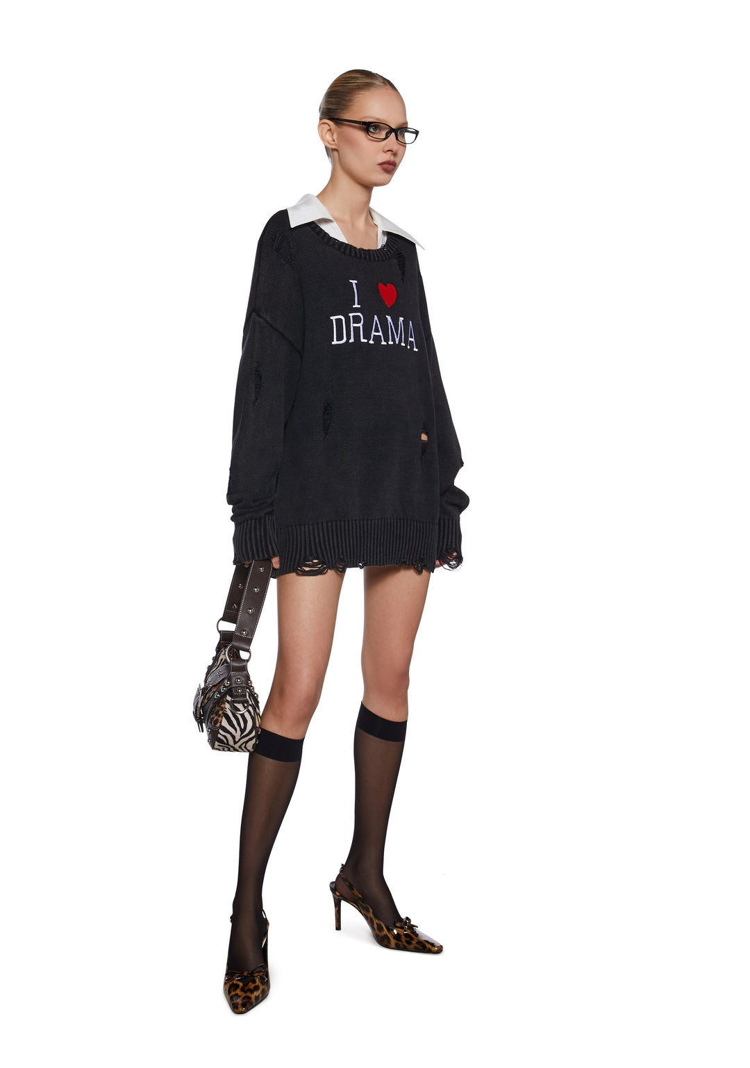 I Love Drama Distressed Knit Oversized Sweater Generation Kiss - Black - Image 2