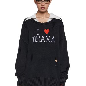 I Love Drama Distressed Knit Oversized Sweater Generation Kiss - Black