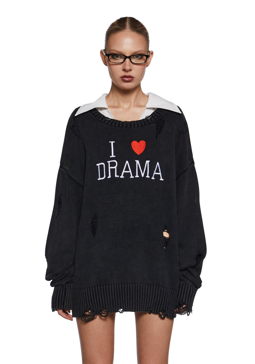 I Love Drama Distressed Knit Oversized Sweater Generation Kiss - Black