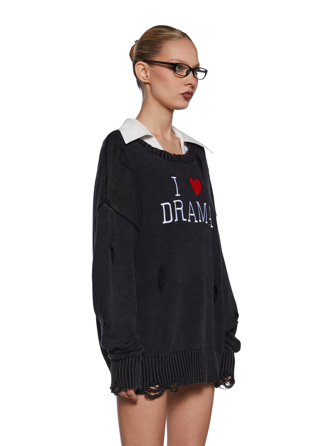 I Love Drama Distressed Knit Oversized Sweater Generation Kiss - Black - Image 3