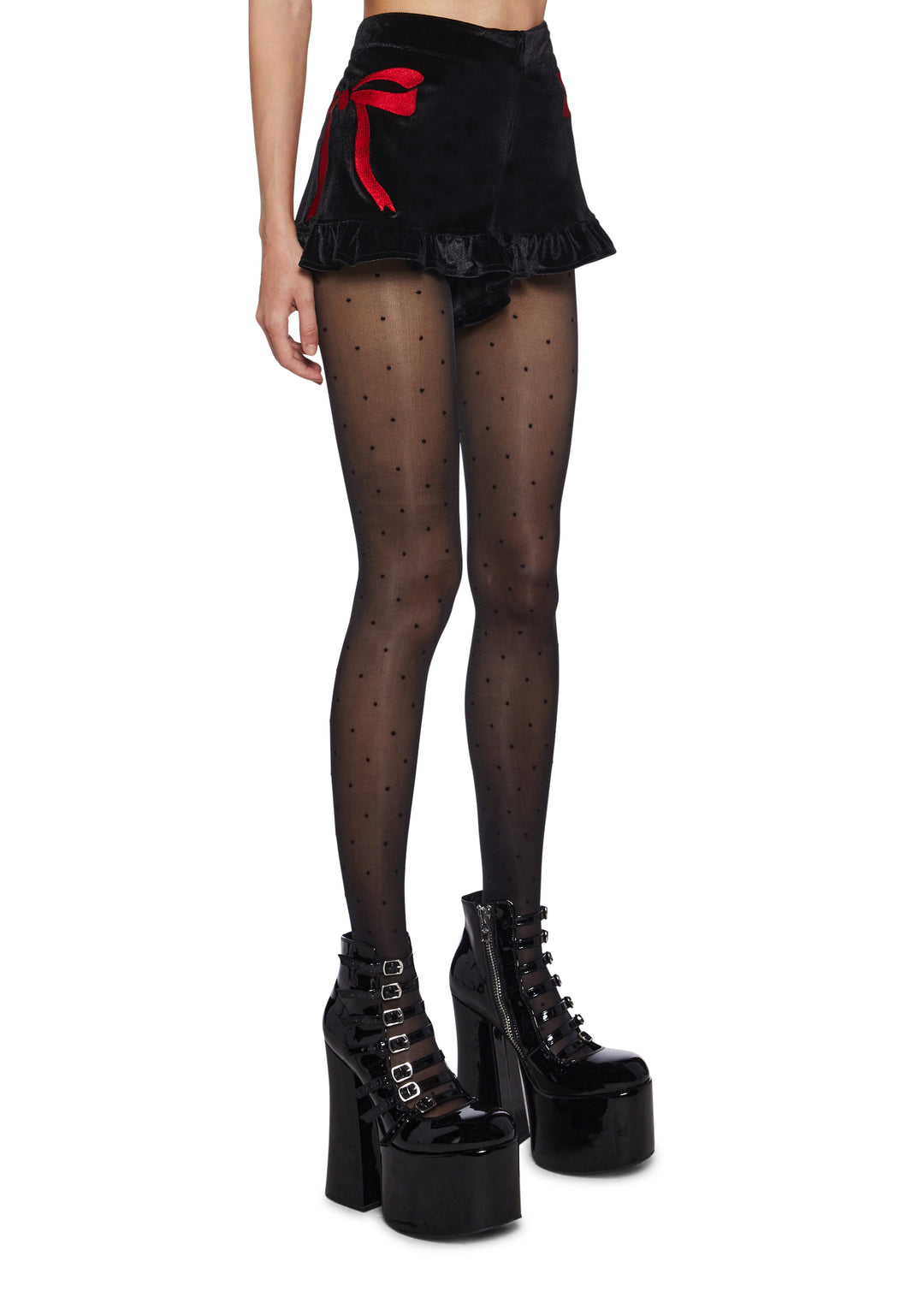 Stretchy Velvet Embroidered Bow Ruffled Booty Shorts Sugar Thrillz - Black - Image 3