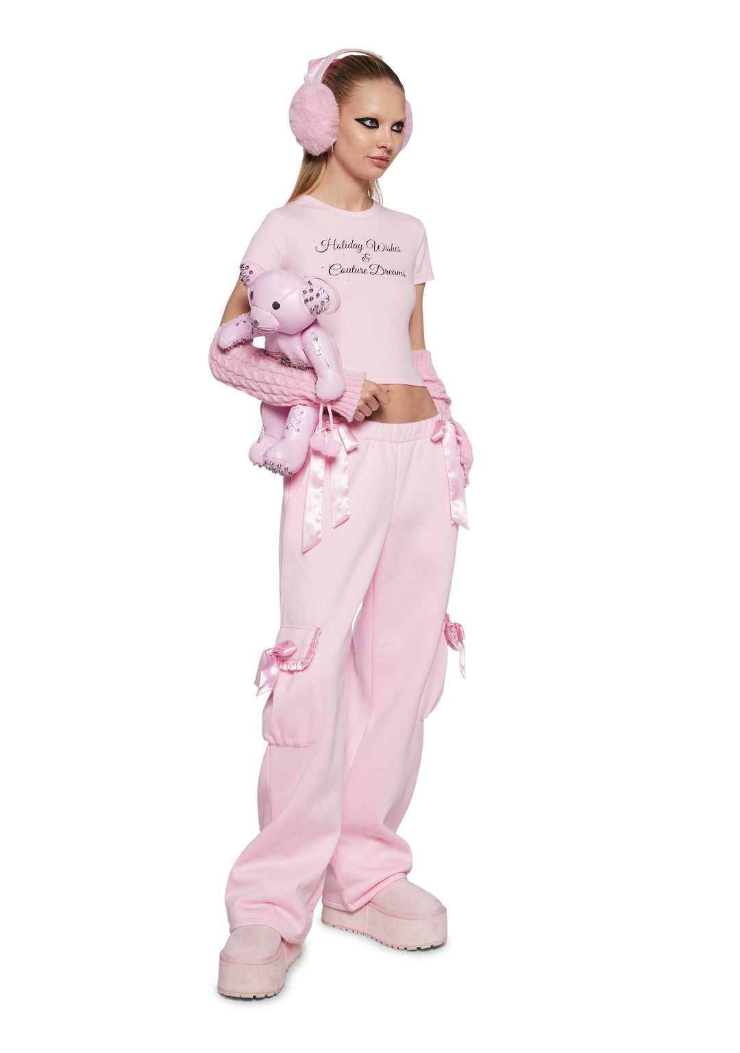 Baggy Fleece Ruffled Satin Bow Sweatpants Sugar Thrillz - Pink - Image 3