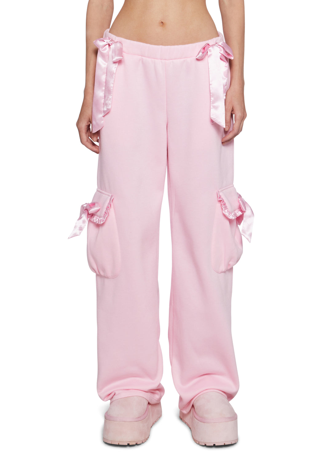 Baggy Fleece Ruffled Satin Bow Sweatpants Sugar Thrillz - Pink