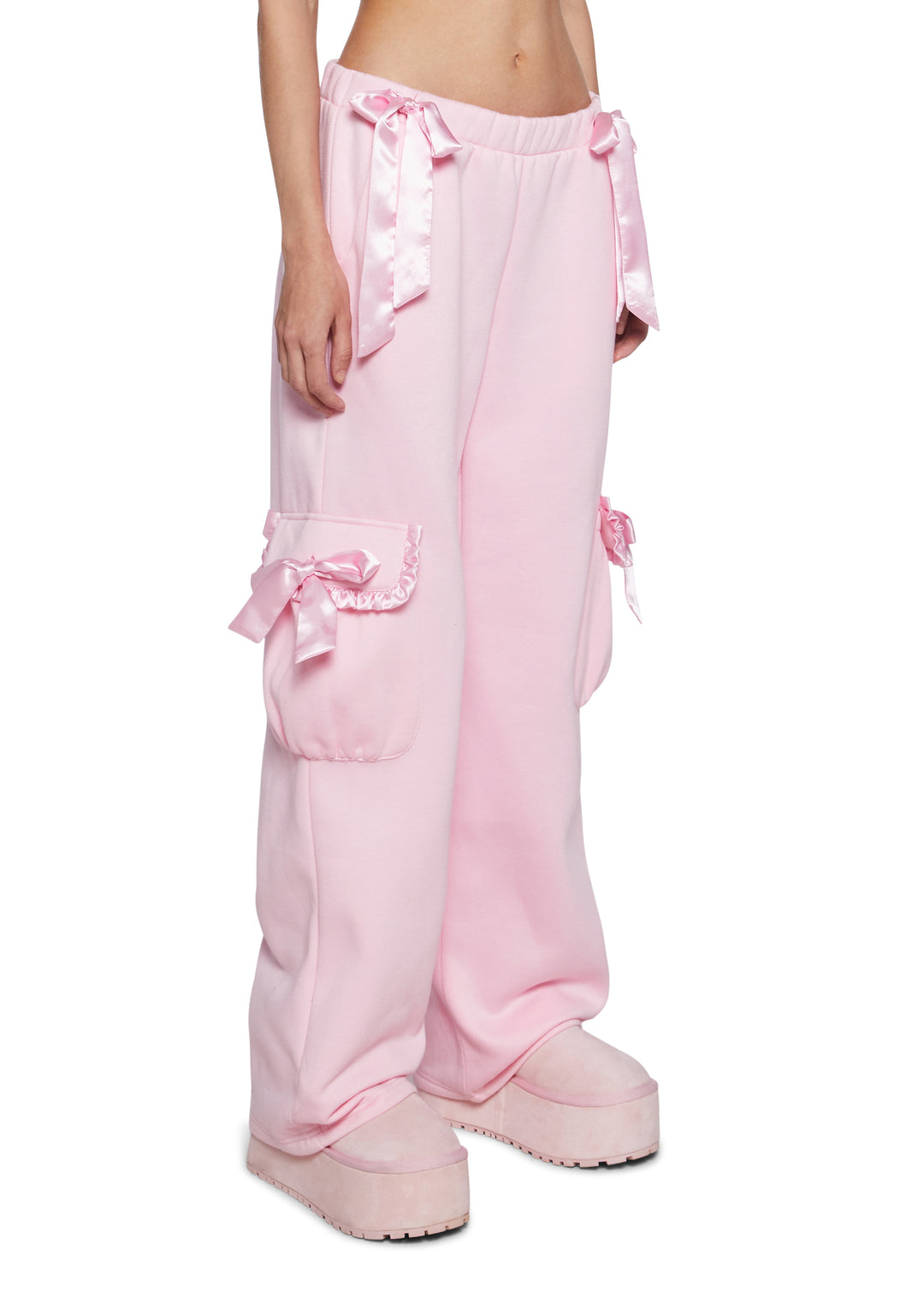 Baggy Fleece Ruffled Satin Bow Sweatpants Sugar Thrillz - Pink - Image 4