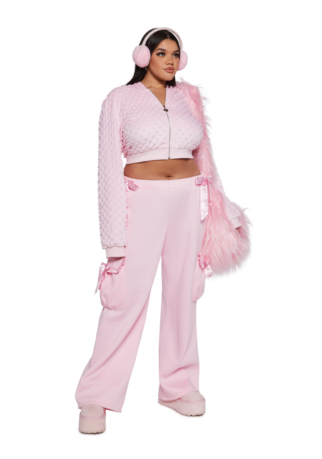 Baggy Fleece Ruffled Satin Bow Sweatpants Sugar Thrillz - Pink - Image 7