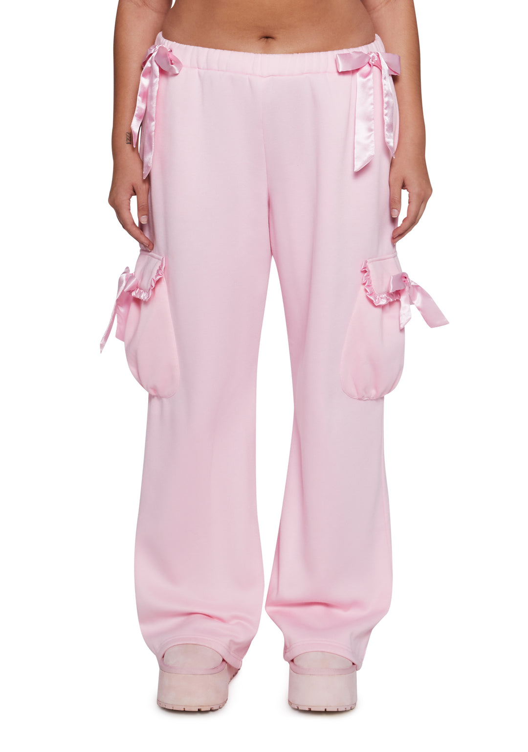 Baggy Fleece Ruffled Satin Bow Sweatpants Sugar Thrillz - Pink - Image 2