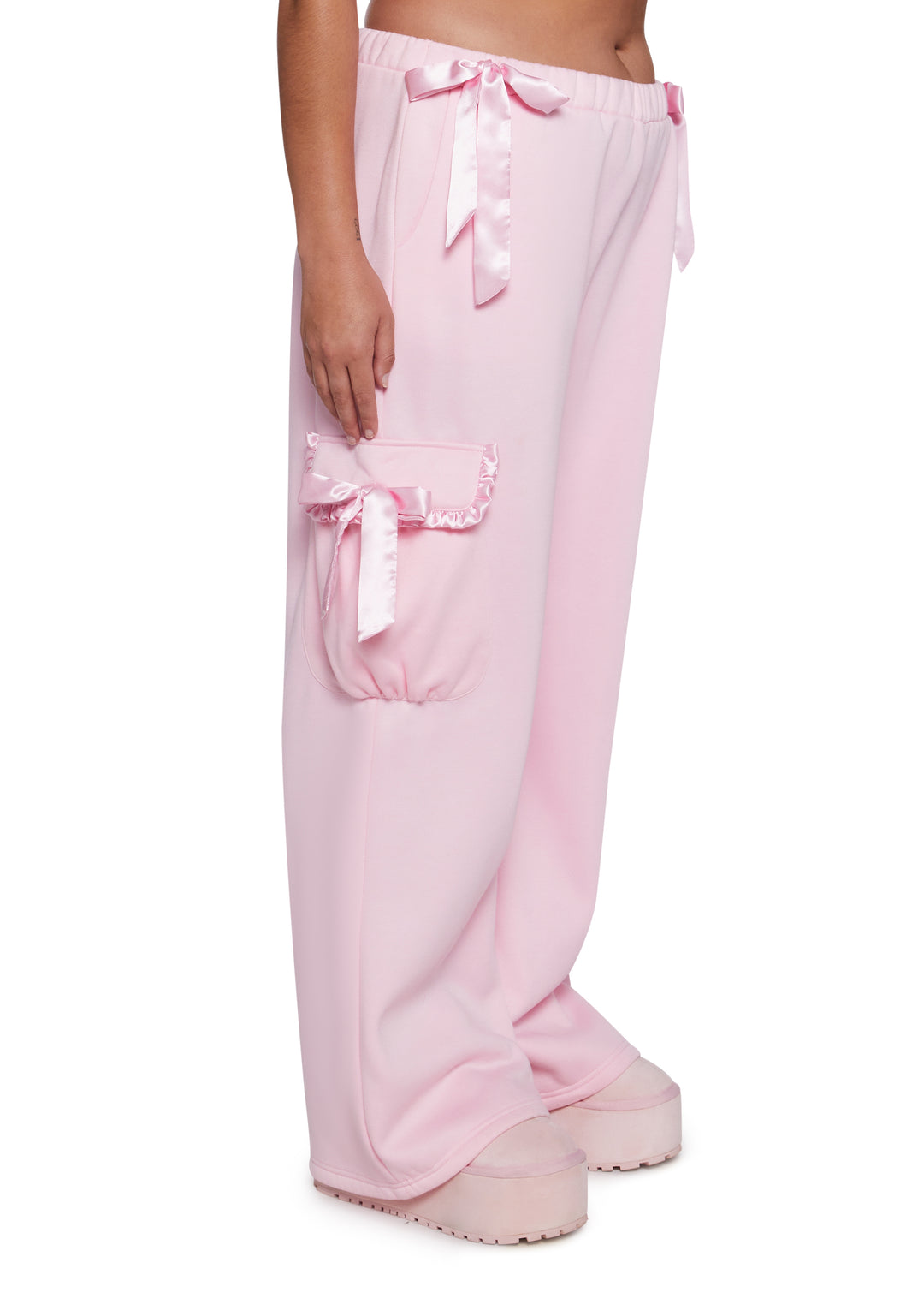 Baggy Fleece Ruffled Satin Bow Sweatpants Sugar Thrillz - Pink - Image 8
