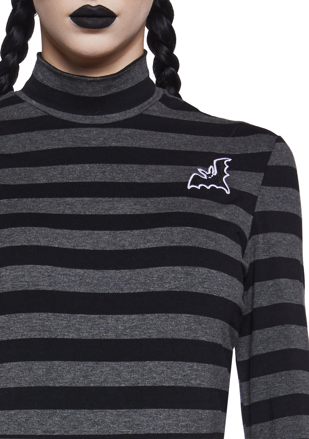 The Grave Girls Striped Skull Long Sleeve Mock Neck Top - Gray/Black - Image 6