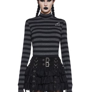 The Grave Girls Striped Skull Long Sleeve Mock Neck Top - Gray/Black