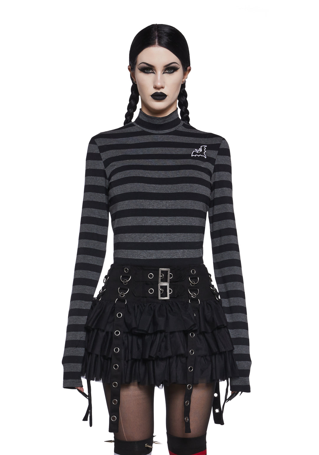 The Grave Girls Striped Skull Long Sleeve Mock Neck Top - Gray/Black