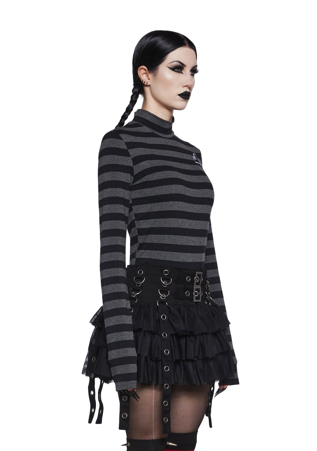 The Grave Girls Striped Skull Long Sleeve Mock Neck Top - Gray/Black - Image 4