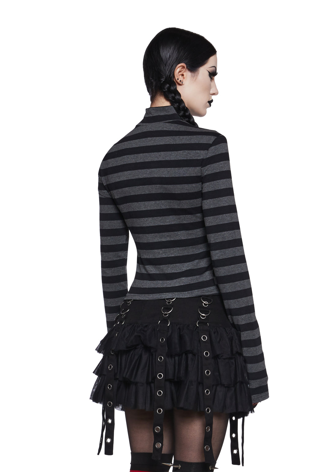 The Grave Girls Striped Skull Long Sleeve Mock Neck Top - Gray/Black - Image 5