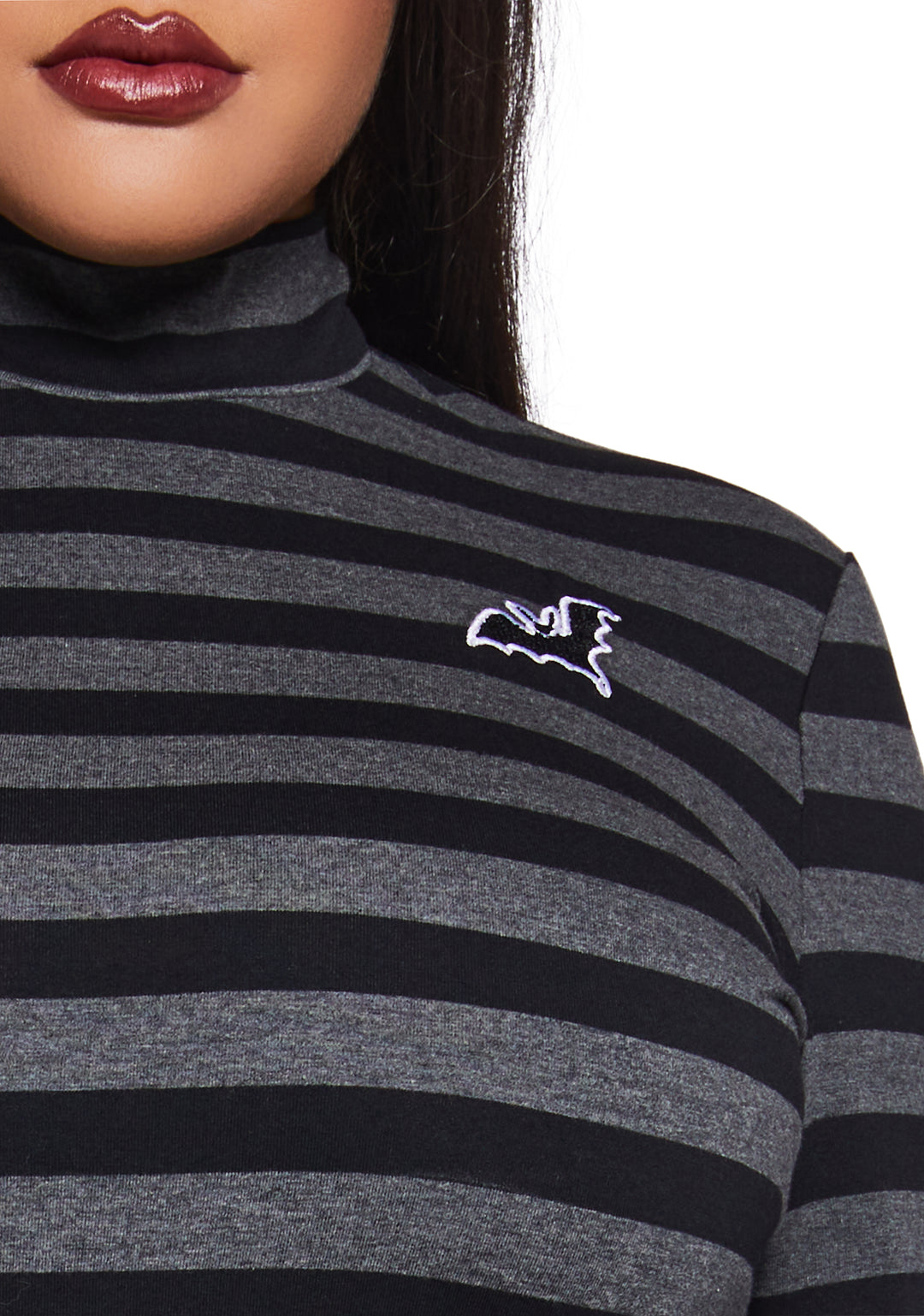 The Grave Girls Striped Skull Long Sleeve Mock Neck Top - Gray/Black - Image 9