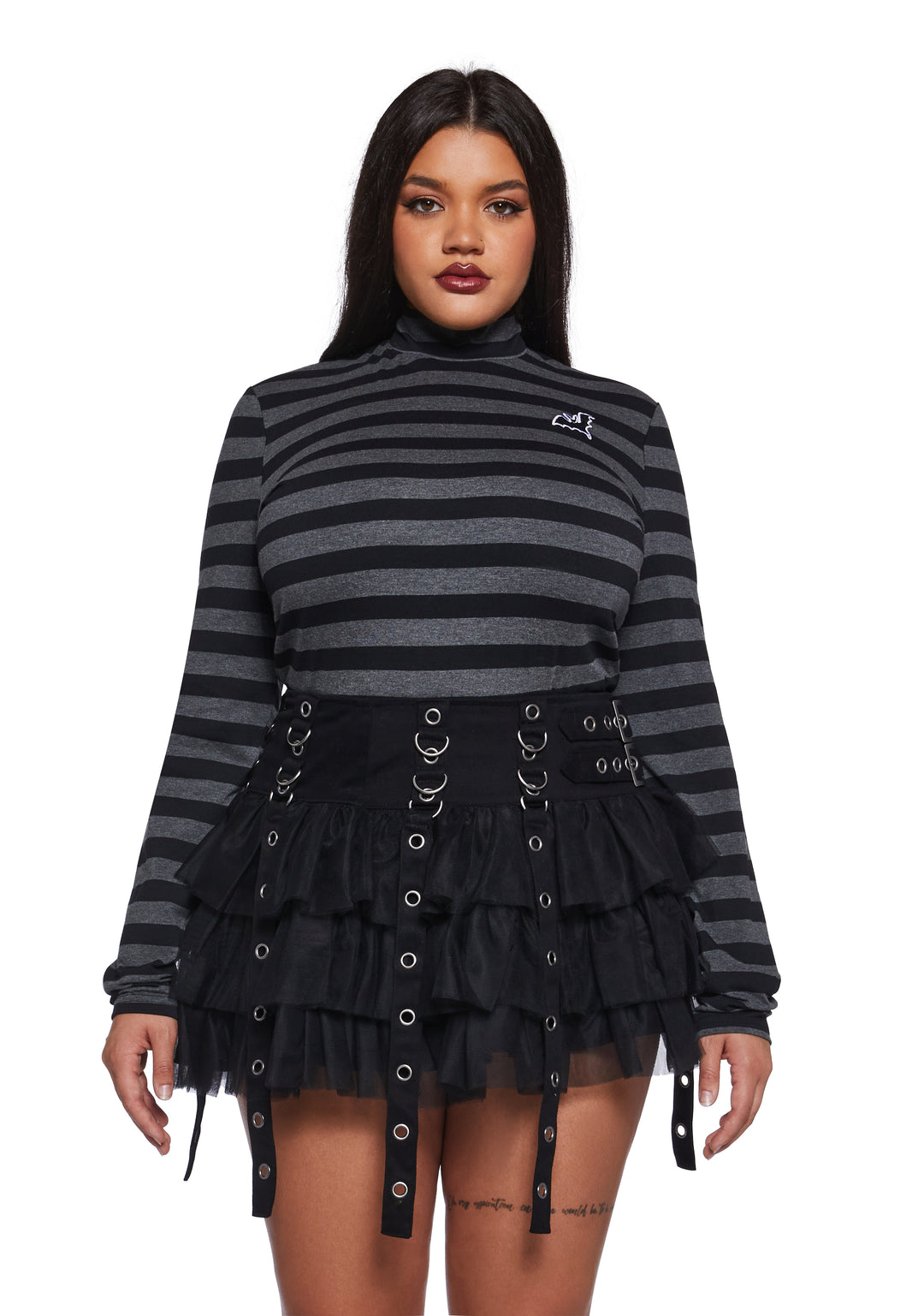 The Grave Girls Striped Skull Long Sleeve Mock Neck Top - Gray/Black - Image 2