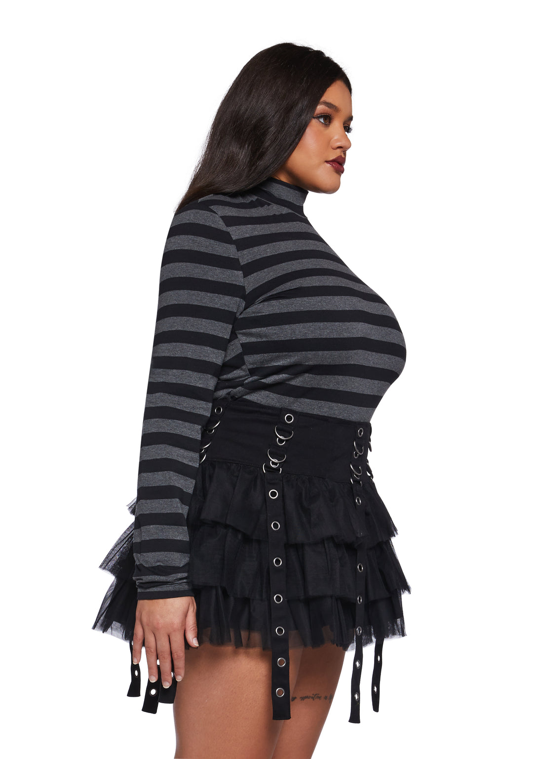 The Grave Girls Striped Skull Long Sleeve Mock Neck Top - Gray/Black - Image 8