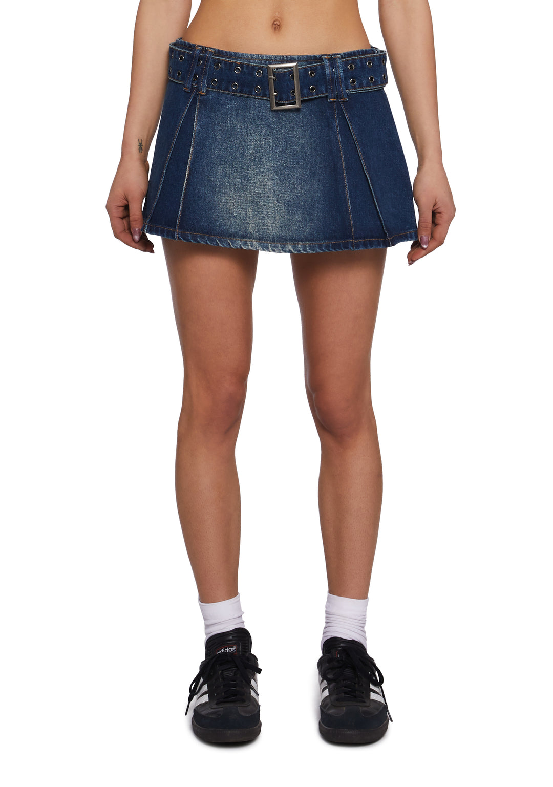Washed Denim Belted Inverted Pleated Mini Skirt Generation Kiss - Blue