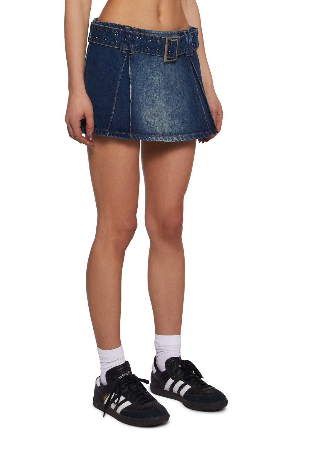 Washed Denim Belted Inverted Pleated Mini Skirt Generation Kiss - Blue - Image 3