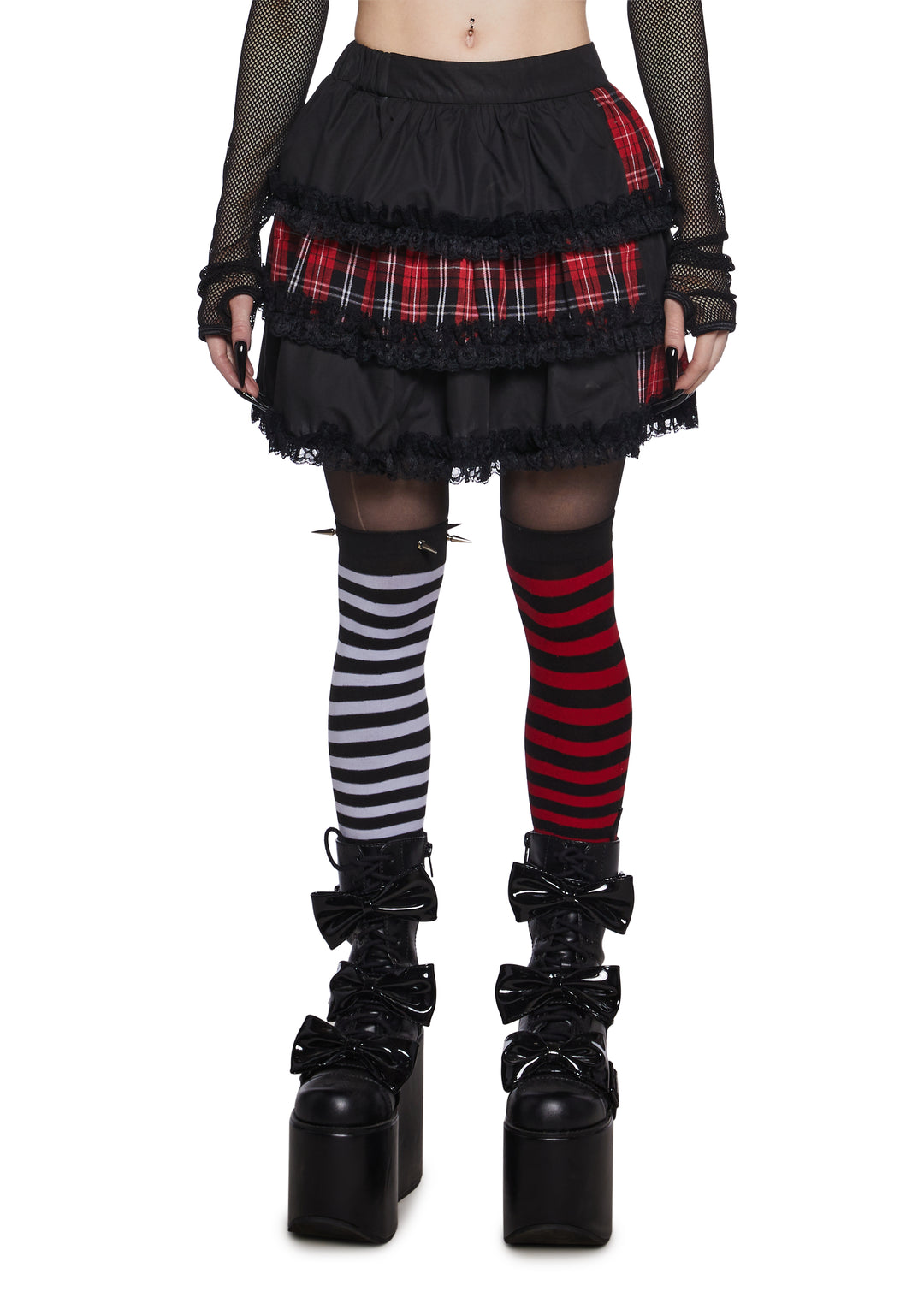 The Grave Girls Layered Twill Lace Patchwork Plaid Mini Skirt - Plaid