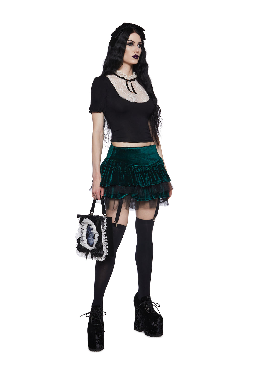 Velvet Tulle Ruffled Tiered Mini Skirt Widow - Dark Green - Image 6