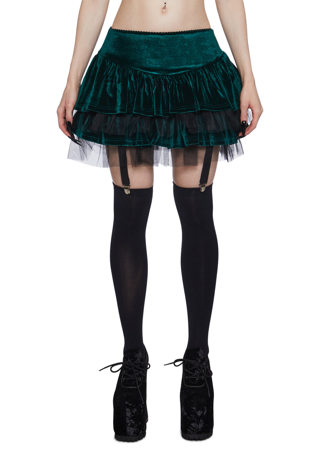 Velvet Tulle Ruffled Tiered Mini Skirt Widow - Dark Green