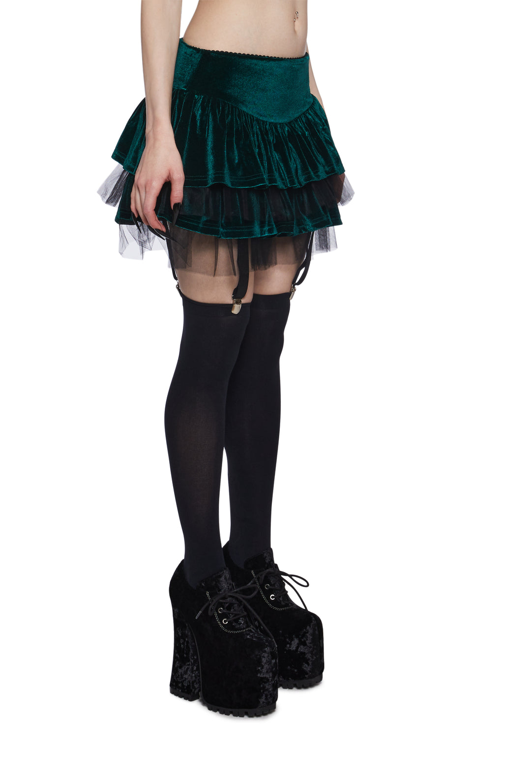 Velvet Tulle Ruffled Tiered Mini Skirt Widow - Dark Green - Image 4