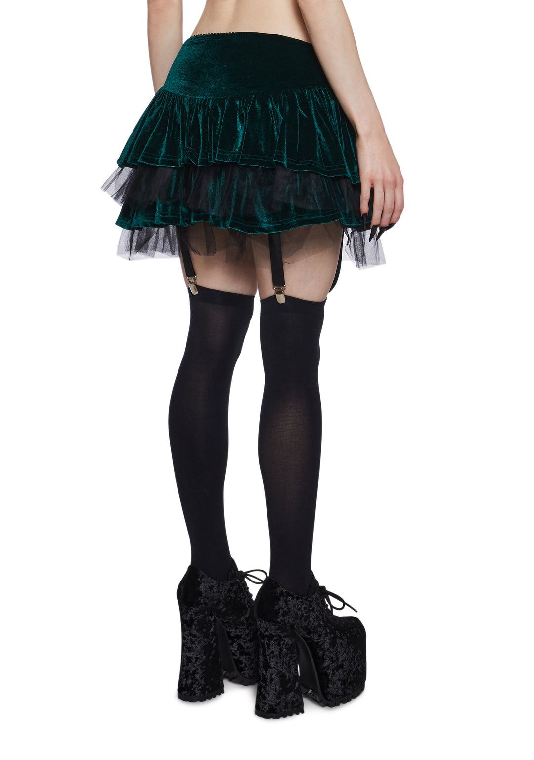 Velvet Tulle Ruffled Tiered Mini Skirt Widow - Dark Green - Image 5