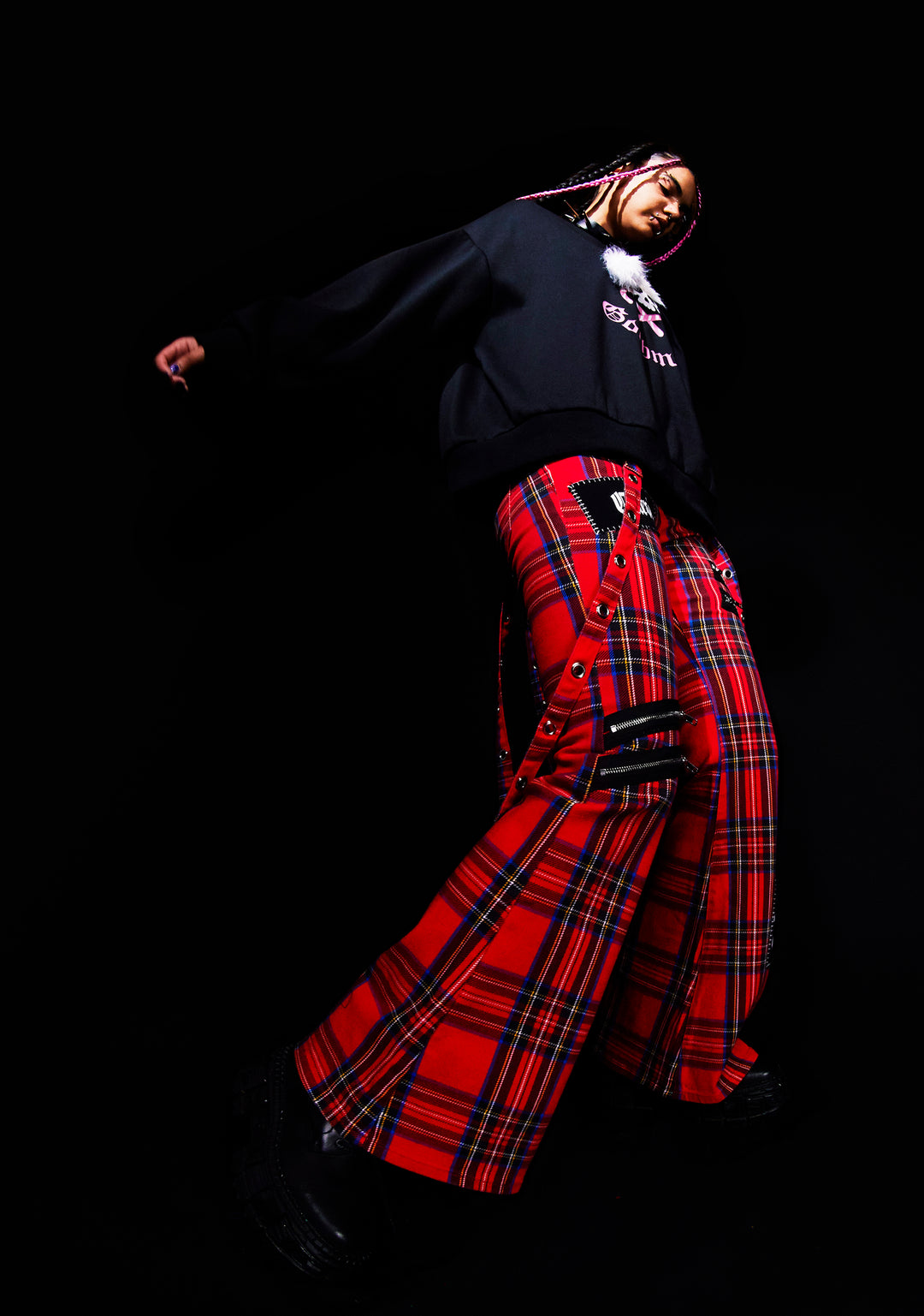 The Grave Girls Low Rise Skinny Flared Plaid Twill Cargo Pants With Patches - Multi - Image 6