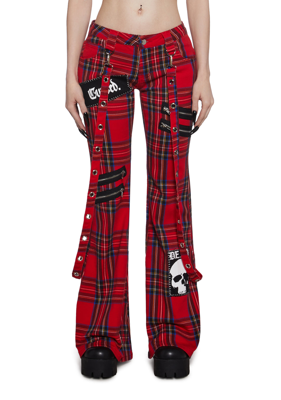 The Grave Girls Low Rise Skinny Flared Plaid Twill Cargo Pants With Patches - Multi