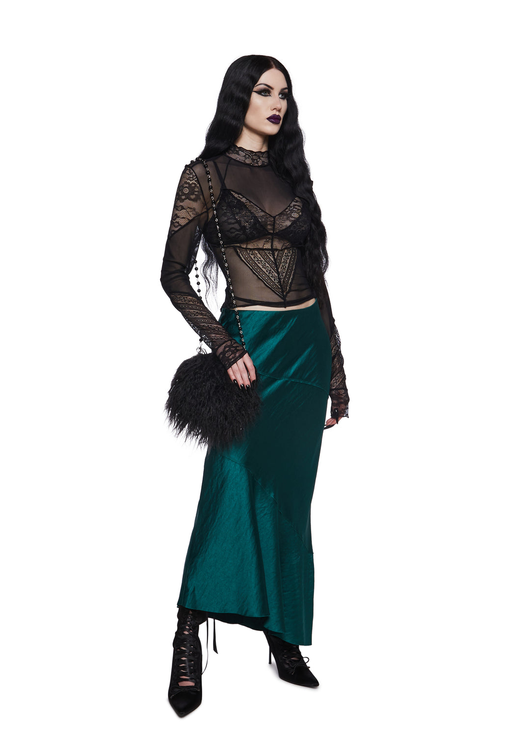 Satin Paneled Asymmetrical Midi Skirt Widow - Dark Green - Image 2