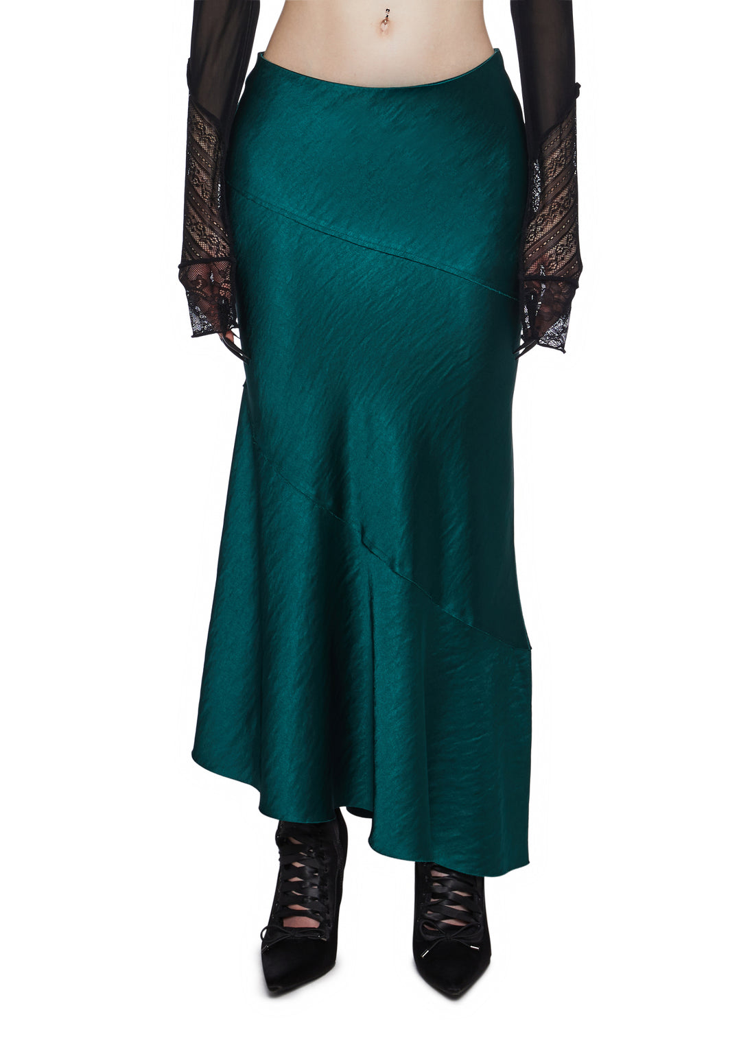 Satin Paneled Asymmetrical Midi Skirt Widow - Dark Green