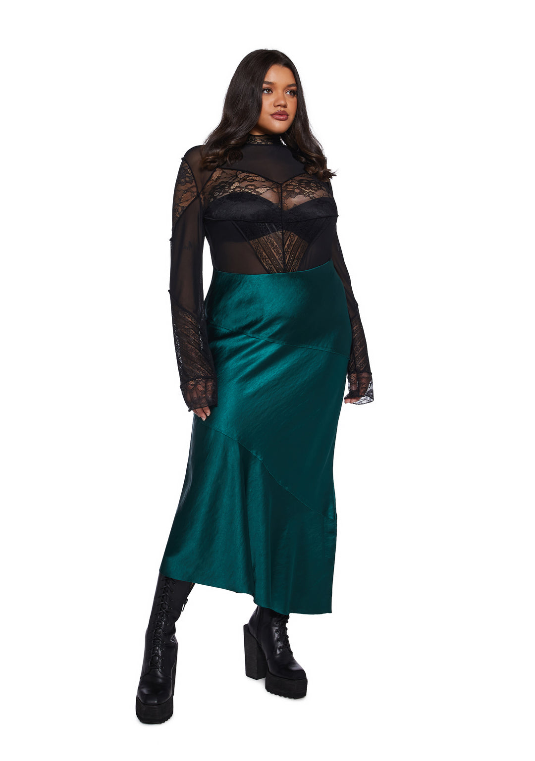 Satin Paneled Asymmetrical Midi Skirt Widow - Dark Green - Image 7