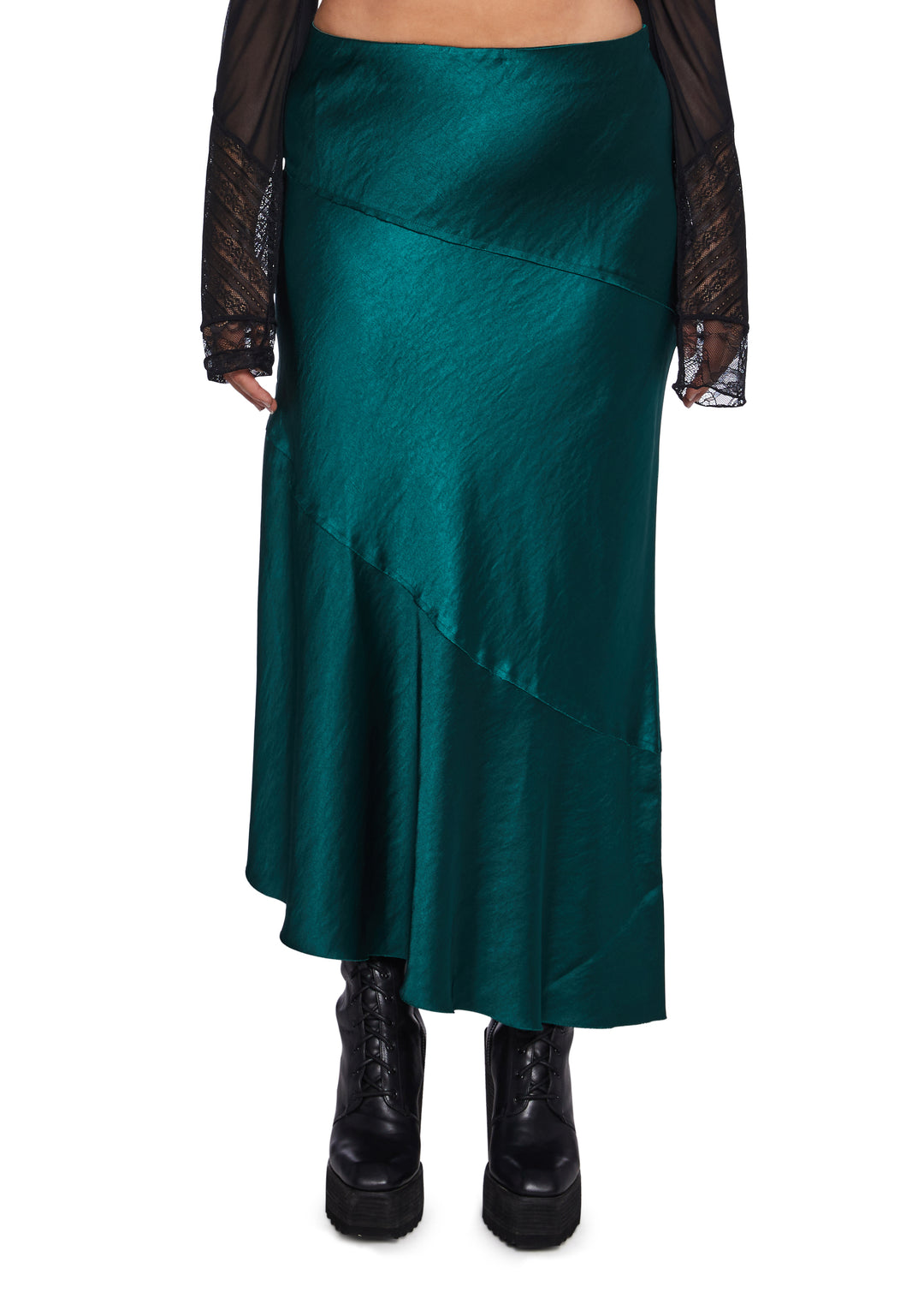 Satin Paneled Asymmetrical Midi Skirt Widow - Dark Green - Image 3