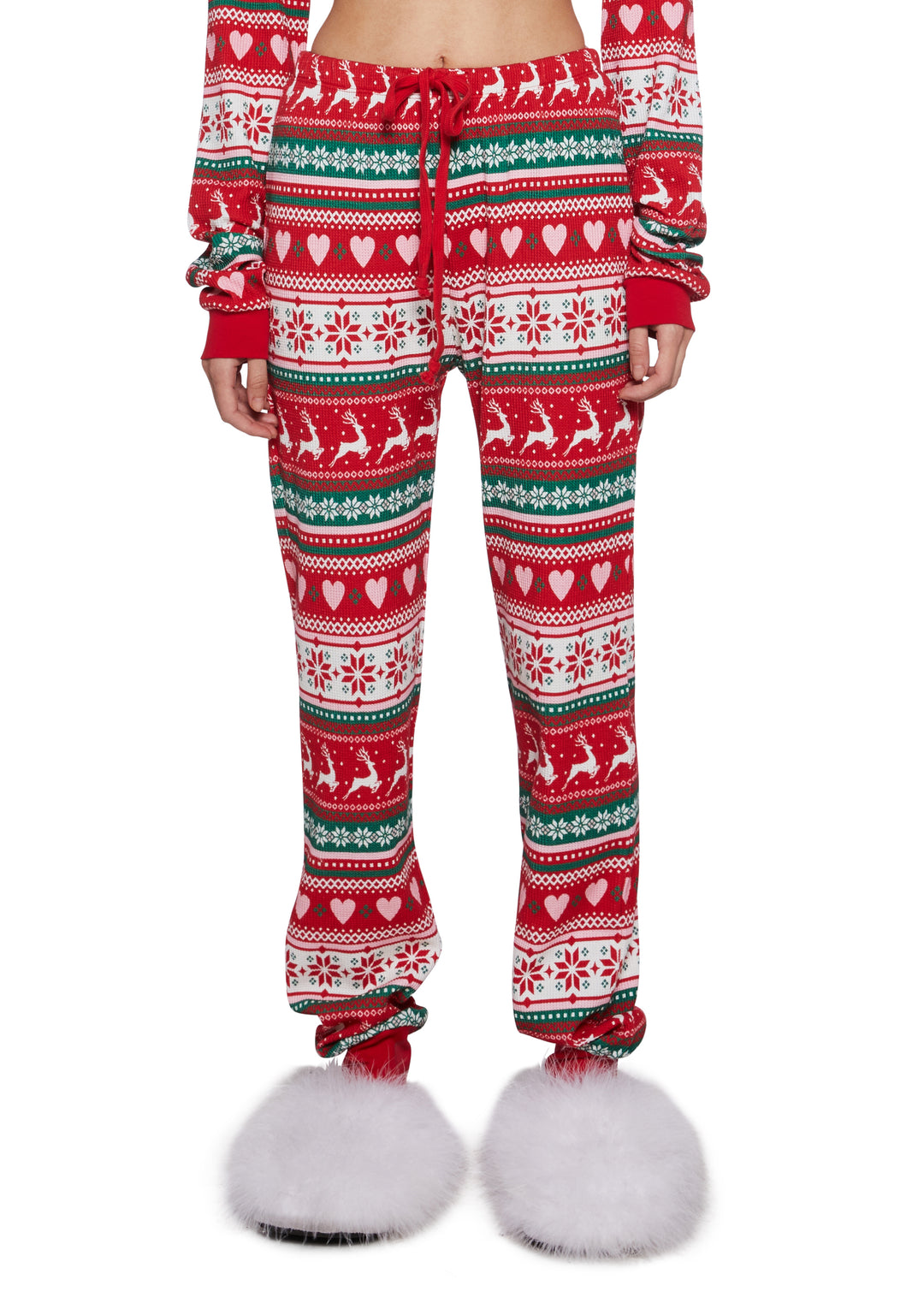Waffle Knit Holiday Reindeer Hearts Snowflakes Print Intarsia Lounge Pants - Multi