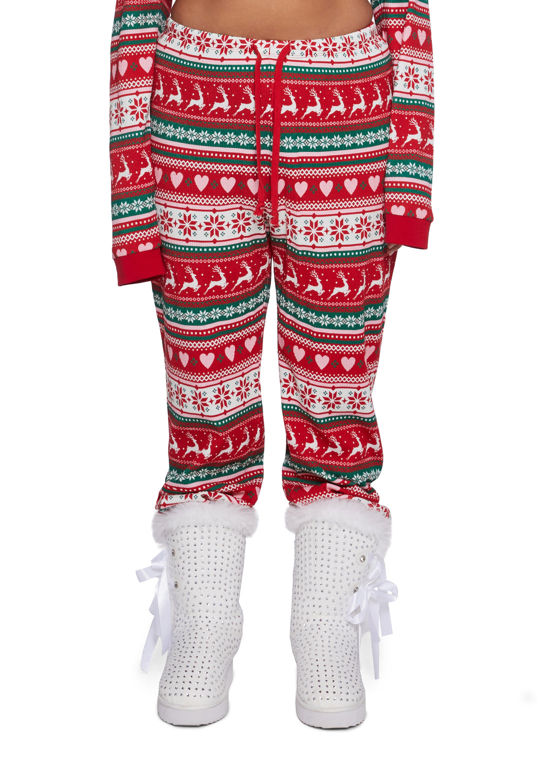 Waffle Knit Holiday Reindeer Hearts Snowflakes Print Intarsia Lounge Pants - Multi - Image 7